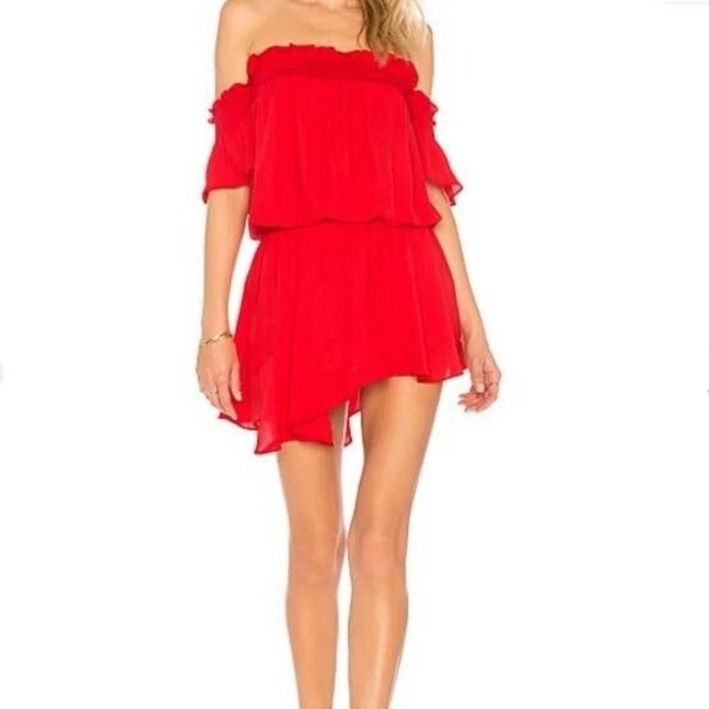 Amanda Uprichard Revolve Sz S Ariella Red Off Shoulder Smocked Asymmetric Dress